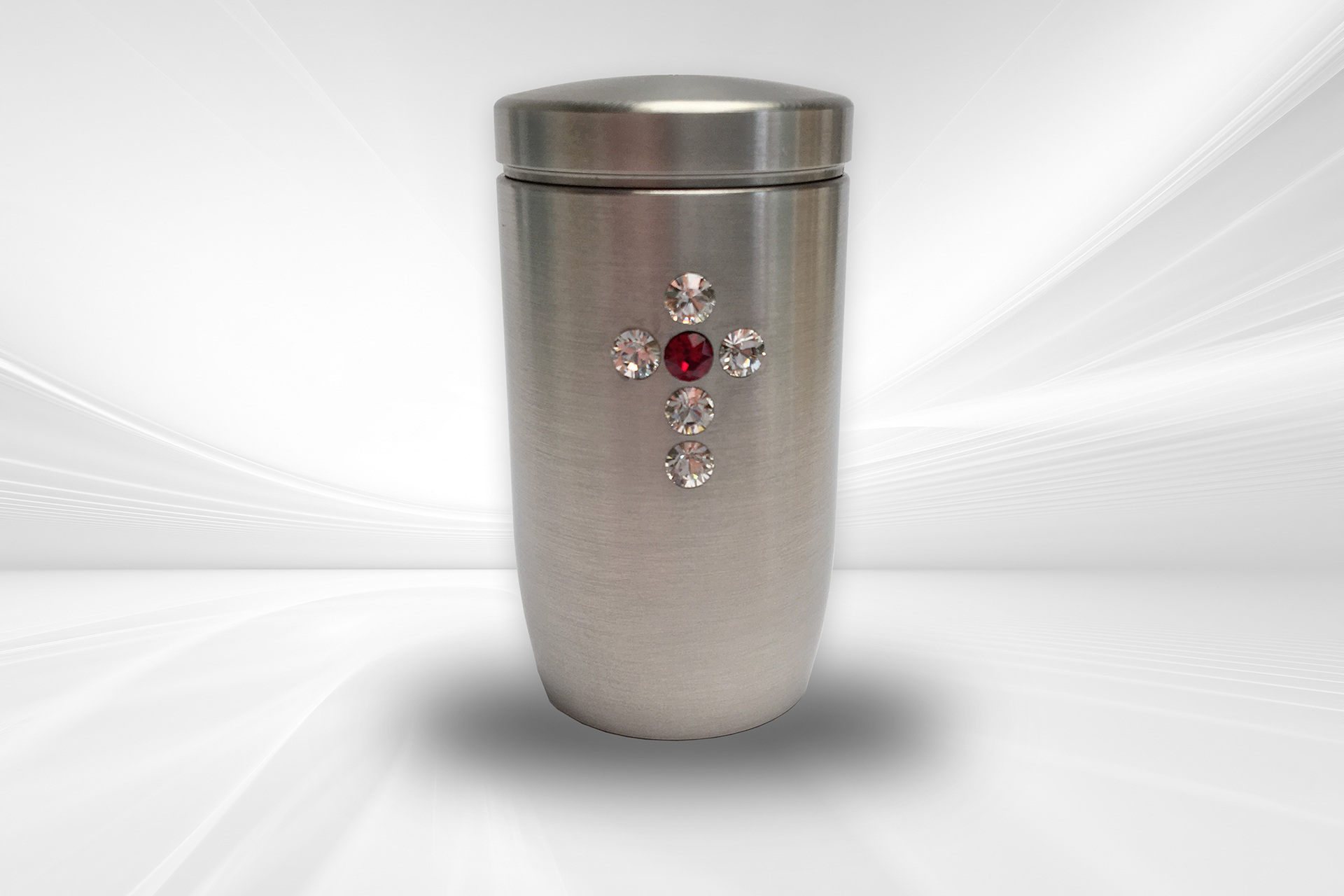 Memoryurne Edelstahl mit weiß-roten Swarovski Steinen als Kreuz