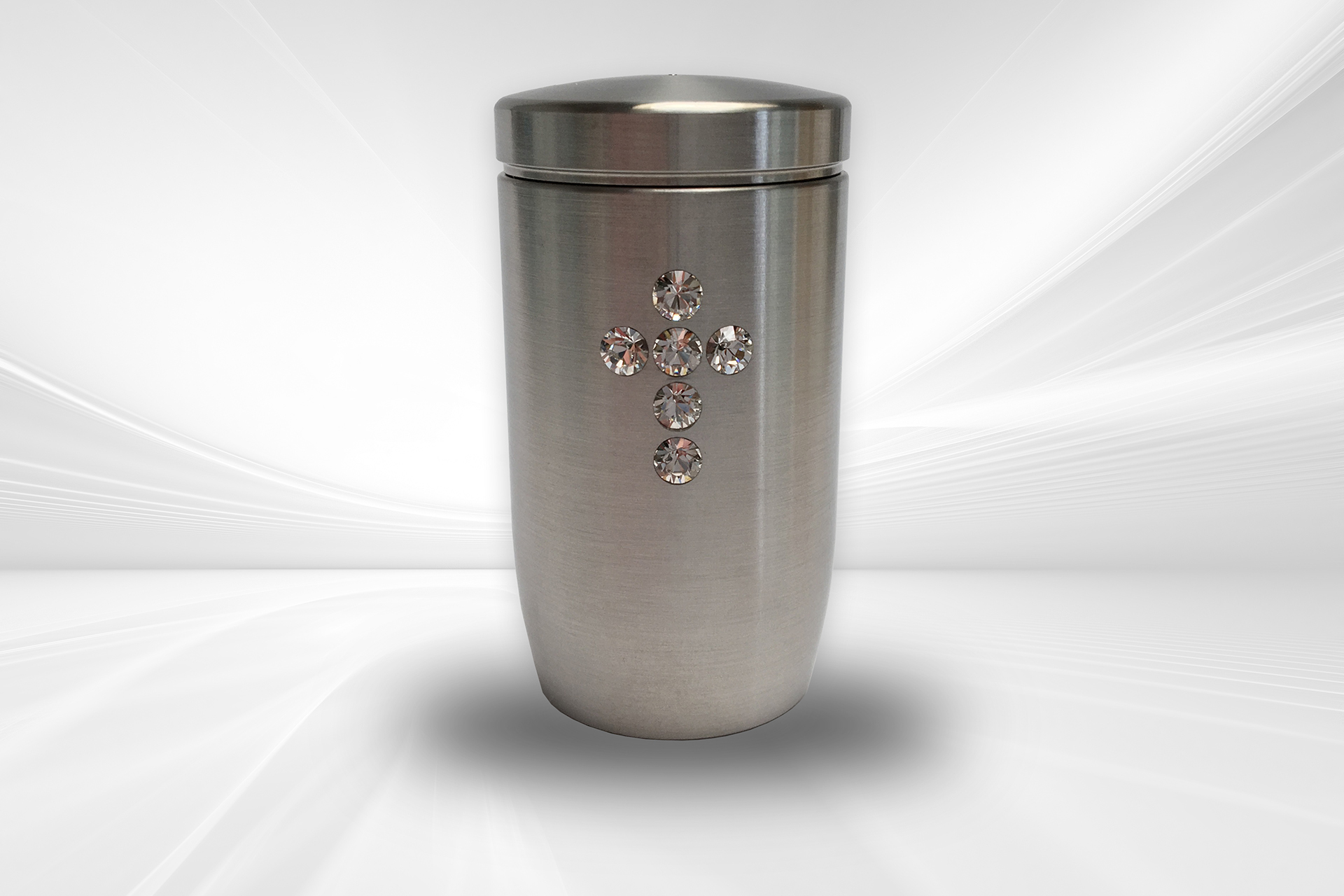 Erinnerungsurne aus Edelstahl mit Swarovski-Kreuz in weiß