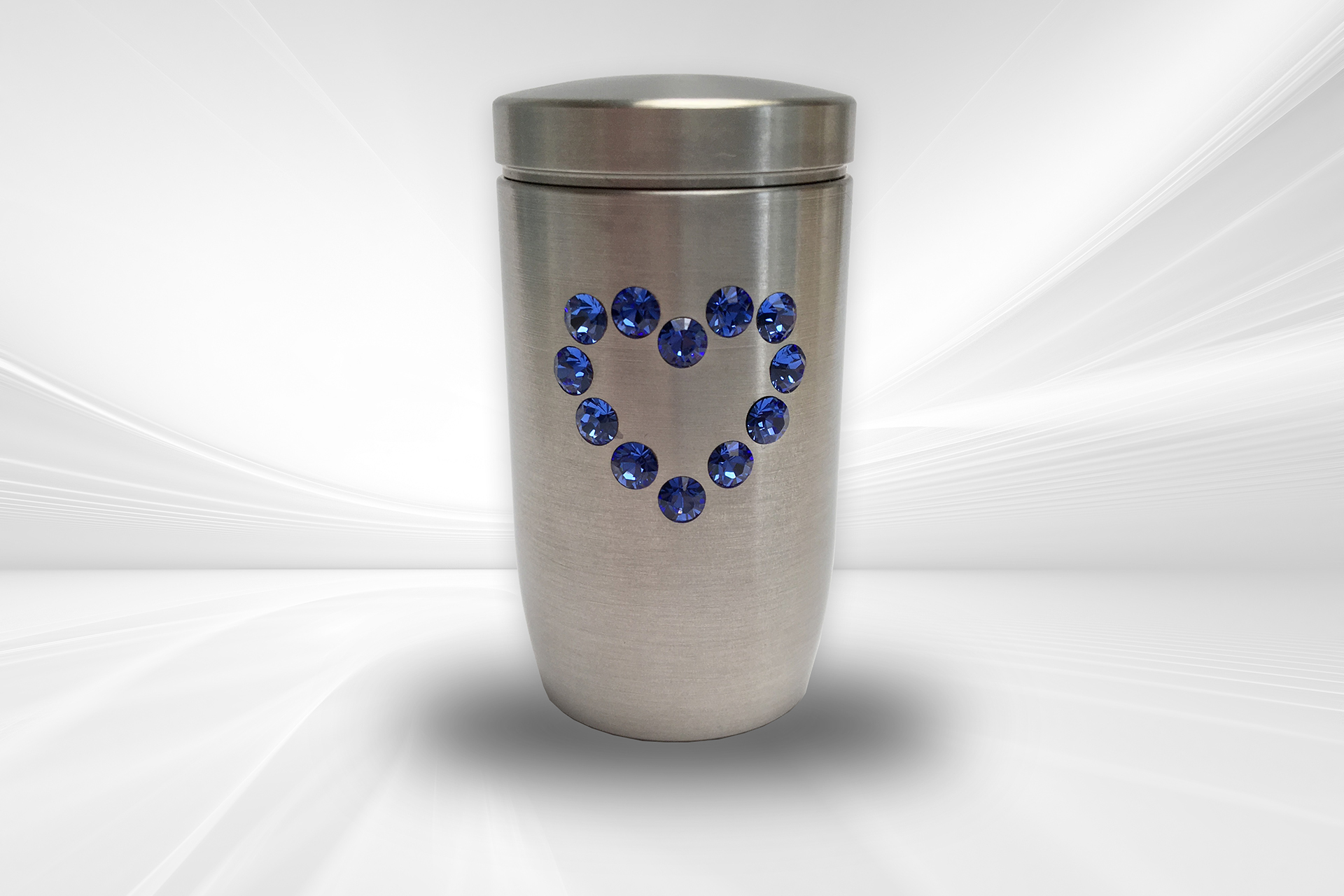 Erinnerungsurne aus Edelstahl mit Herz-Motiv aus Swarovski Elementen in blau