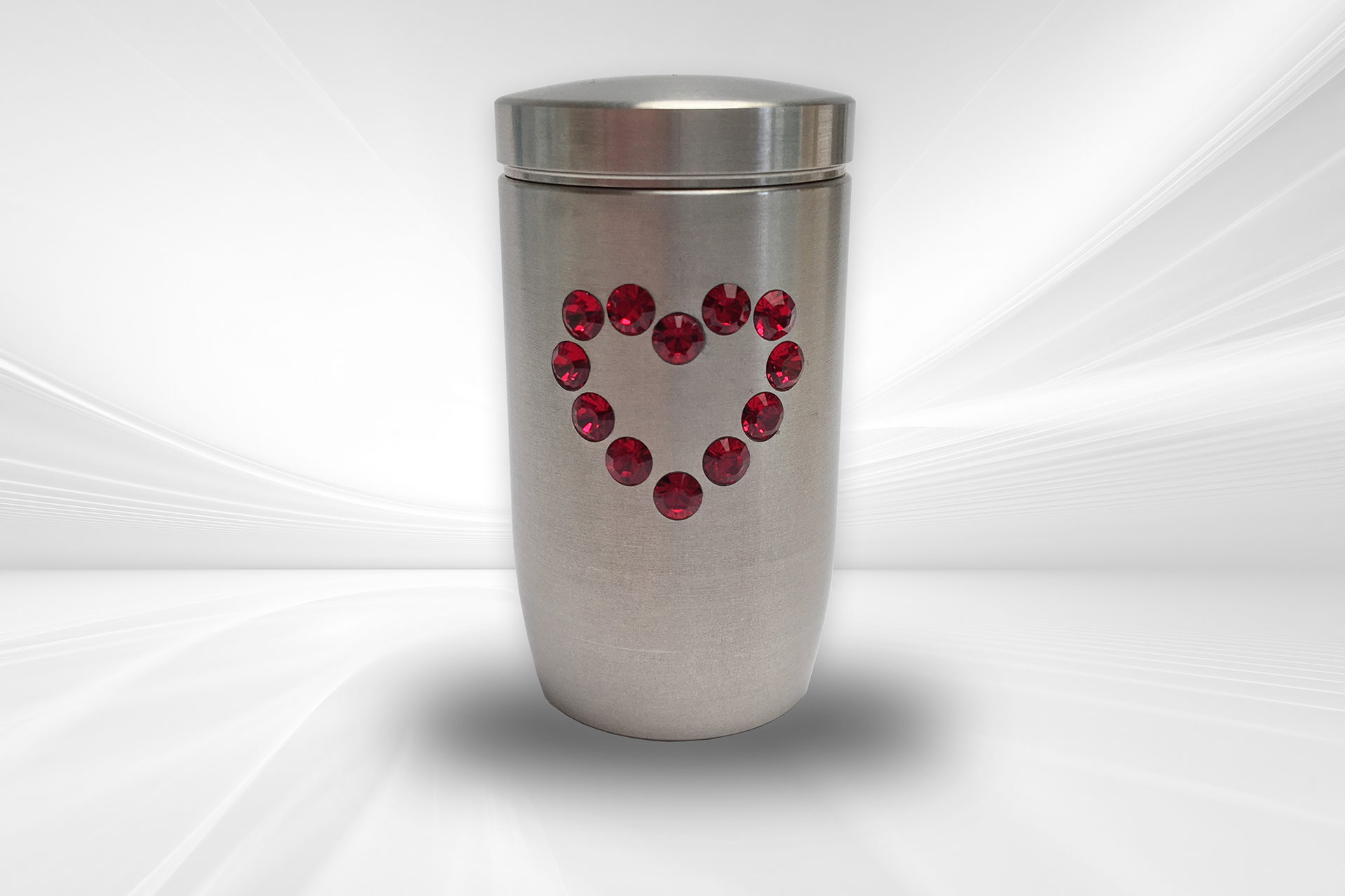 Erinnerungsurne aus Edelstahl mit Herz-Motiv aus Swarovski Elementen in rot